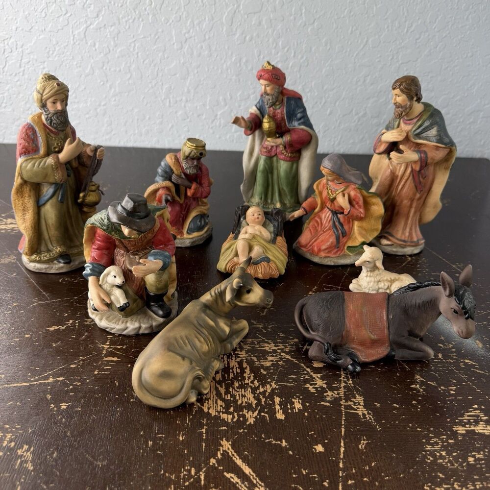 Vintage Ceramic Nativity Set 10 pc Mary Joseph Jesus 3 Wise Men Shepherd Animals